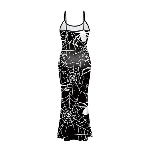 Halloween Spinnennetz Druck Spaghettiträger Maxi Kleid Für Damen Gothic Hoher Schlitz Schlanke Passform Sexy Bodycon Party Kleid