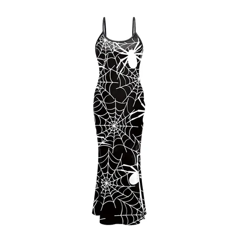 Halloween Spinnennetz Druck Spaghettiträger Maxi Kleid Für Damen Gothic Hoher Schlitz Schlanke Passform Sexy Bodycon Party Kleid