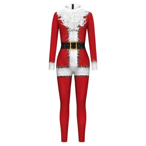 Herren Weihnachten Weihnachtsmann 3D Digitaldruck Jumpsuit Kunstfellbesatz Langarm Bodysuit Festliche Party Kostüm