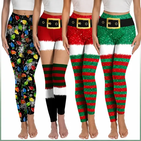Damen Weihnachten Bedruckte Hohe Taille Leggings Weihnachtsmann Elf Muster Stretch Yogahosen Weiche Milchseide Trainingstights