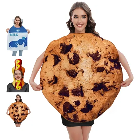 Costume de Cosplay Nourriture Drôle Imprimé Cookie Lait Hot-dog Tenue de Scène Originale pour Fête d'Halloween Adulte Enfant Unisexe