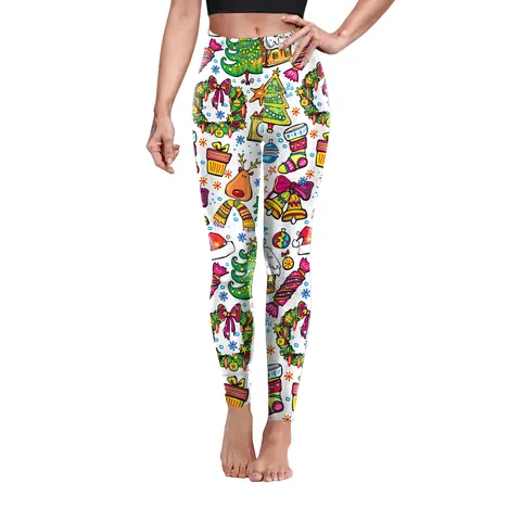 Women Christmas Print High Waist Leggings Elastic Yoga Pants Holiday Party Reindeer Tree Bell Pattern Slim Fit Trousers