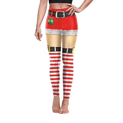 Women's Christmas Printed Leggings High Waist Festive Elf Santa Patterns Stretchy Polyester Spandex Yoga Pants For Party