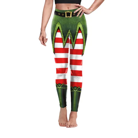 Women's Christmas Printed Leggings High Waist Festive Elf Santa Patterns Stretchy Polyester Spandex Yoga Pants For Party