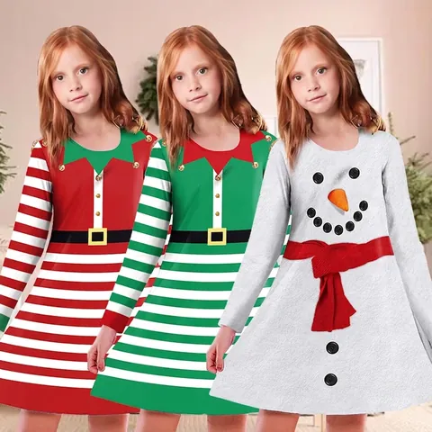 Girls Christmas Long Sleeve A-Line Dress Kids Snowman Elf Striped Digital Print Autumn Festive Clothing For Toddlers