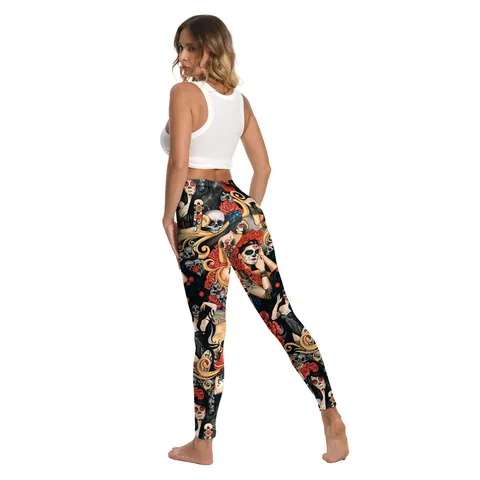 Women Halloween Day Of The Dead Leggings High Waist Sugar Skull Rose Digital Print Polyester Spandex Slim Fit Yoga Pants Trousers