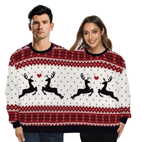 Ugly Christmas Double Siamese Sweatshirt Joint Funny Pullover For Couples Round Neck Digital Print Polyester Long Sleeve
