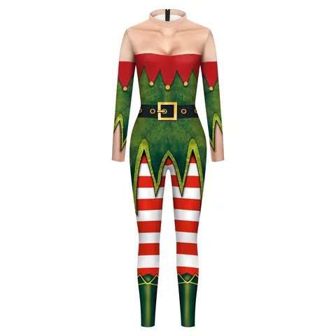 Women Christmas Elf Cosplay Bodysuit Stripe Digital Print Long Sleeve Jumpsuit Festive Party Costume Polyester Spandex Slim Fit Catsuit