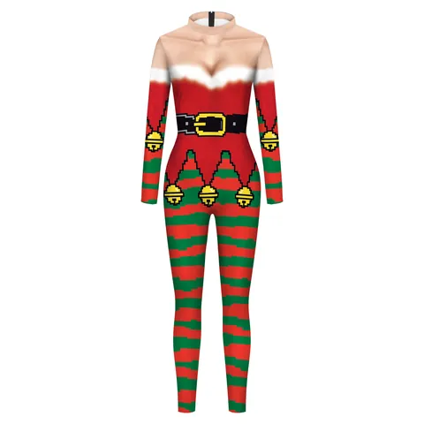 Women Christmas Elf Cosplay Bodysuit Stripe Digital Print Long Sleeve Jumpsuit Festive Party Costume Polyester Spandex Slim Fit Catsuit