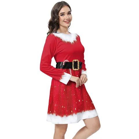 Women's Christmas Dress Long Sleeve Round Neck Elf Santa Claus Digital Print Midi Dress For Xmas Party Holiday Festive Outfits