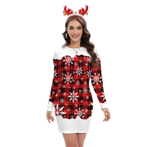 Vestito Bodycon di Natale da Donna Manica Lunga Poliestere Elastan Stampa a Quadri Fiocchi di Neve Sexy Mini Abito da Festa Stile Babbo Natale