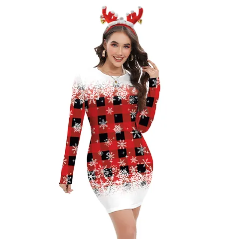 Vestito Bodycon di Natale da Donna Manica Lunga Poliestere Elastan Stampa a Quadri Fiocchi di Neve Sexy Mini Abito da Festa Stile Babbo Natale