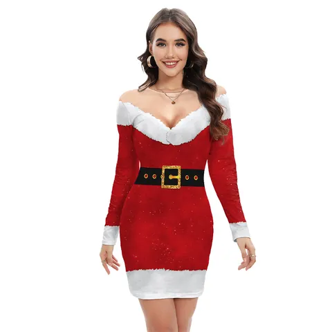 Women Christmas Dress Long Sleeve Bodycon Sexy Party Dress Elk Snowflake Santa Claus Print Festive Holiday Dress Apparel