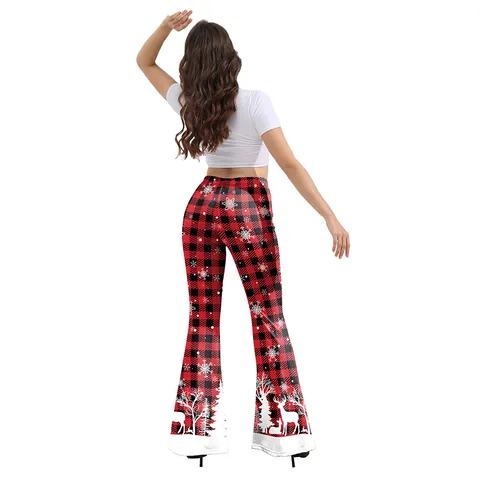 Women Christmas Red Black Buffalo Plaid Flare Pants High Waist Snowflake Reindeer Print Leggings Casual Holiday Trousers