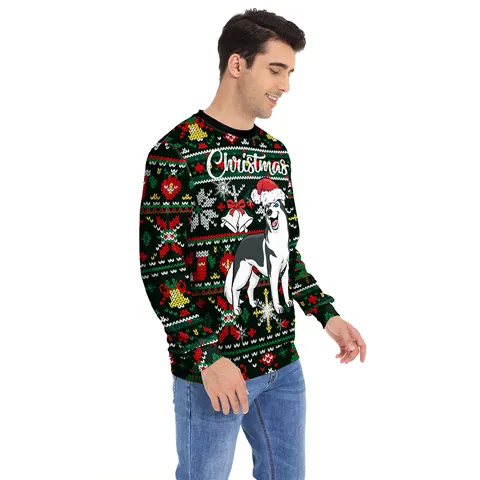 Women's Christmas Ugly Sweater Casual Long Sleeve Round Neck Santa Claus Husky Digital Print Loose Pullover Sweatshirt