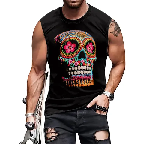 Men's Casual Halloween Tank Top Colorful Sugar Skull Digital Print Sleeveless Shirt Round Neck Breathable Summer Vest Top