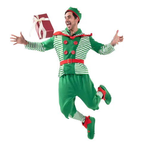 Men's Christmas Elf Costume Outfit Festive Holiday Cosplay Green Red Stripe Top And Pants With Hat Belt Shoe Covers