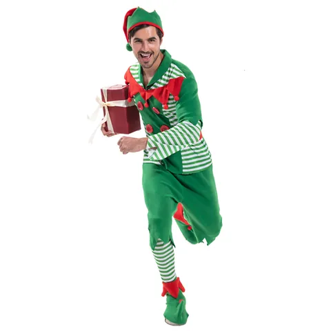 Men's Christmas Elf Costume Outfit Festive Holiday Cosplay Green Red Stripe Top And Pants With Hat Belt Shoe Covers