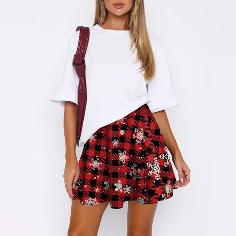 Women's Christmas High Waist Pleated Mini Skirt Plaid Snowflake Santa Claus Print Milk Silk A-Line Skater Skirt Holiday Party Wear