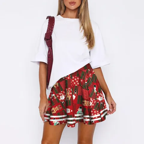 Women's Christmas High Waist Pleated Mini Skirt Plaid Snowflake Santa Claus Print Milk Silk A-Line Skater Skirt Holiday Party Wear
