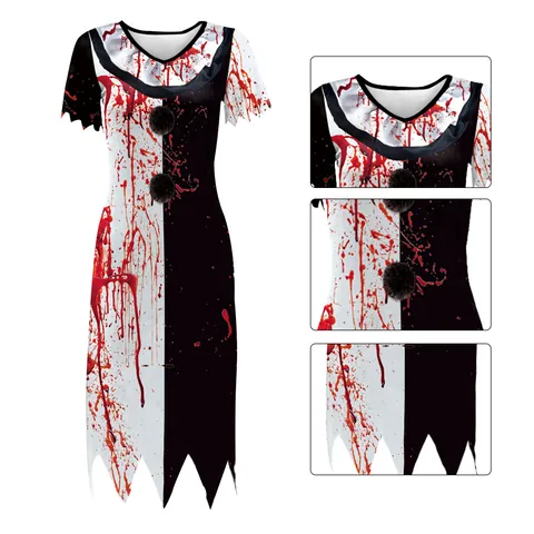 Halloween Horror Clown Dress Women Bloody Black White Contrast Sawtooth Hem Dress Short Sleeve Cosplay Party Costume