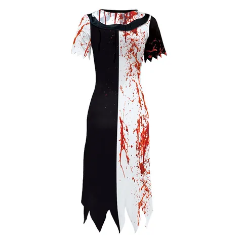 Halloween Horror Clown Dress Women Bloody Black White Contrast Sawtooth Hem Dress Short Sleeve Cosplay Party Costume