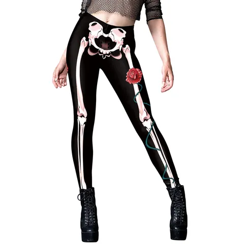 Leggings Donna Halloween Stampa Gotica Scheletro Vita Alta Elastico Spandex Slim Fit Punk Cosplay Pantaloni Festa Stampa Rosa