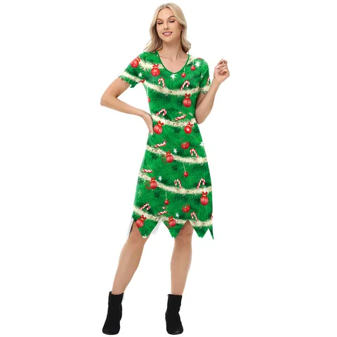 Women's Christmas Elf Costume Dress 3D Digital Print Irregular Jagged Hem V-Neck Short Sleeve Festive Holiday Party Wear