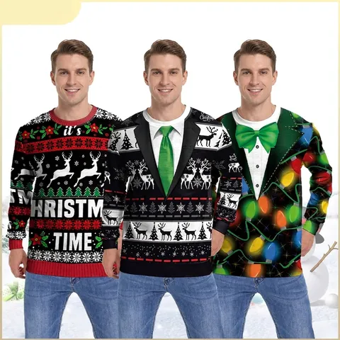 Sudadera de Navidad con Impresión Digital para Mujer Manga Larga Cuello Redondo Holgada Estampado Reno Copo de Nieve Top