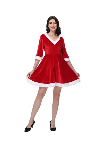 Women Christmas Santa Costume Sexy Red Velvet Hooded Dress With White Faux Fur Trim Festive Party Performance Outfit