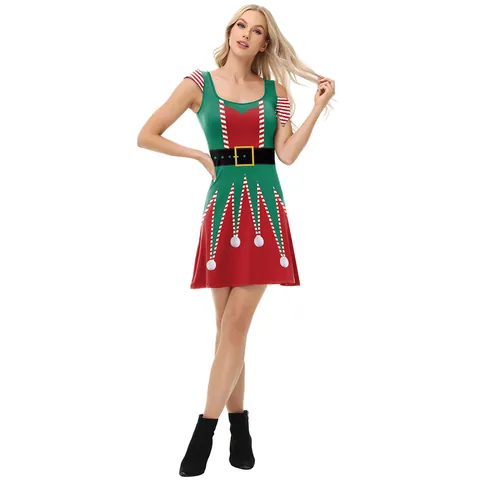 Women Christmas Elf Costume Dress Irregular Sleeve Digital Print Party Dress Green Red Holiday Outfits Festive Wear