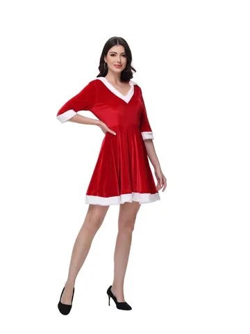 Women Christmas Santa Costume Sexy Red Velvet Hooded Dress With White Faux Fur Trim Festive Party Performance Outfit