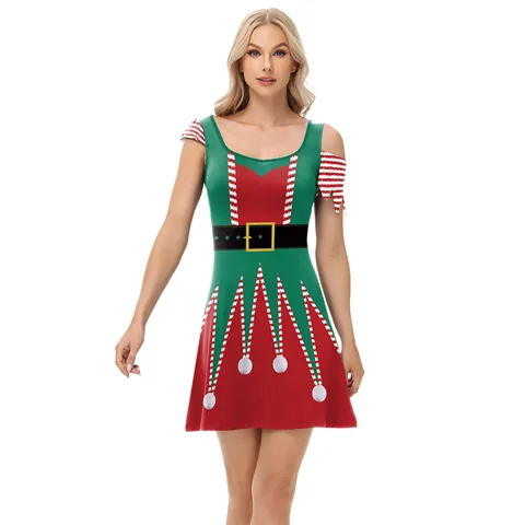 Women Christmas Elf Costume Dress Irregular Sleeve Digital Print Party Dress Green Red Holiday Outfits Festive Wear