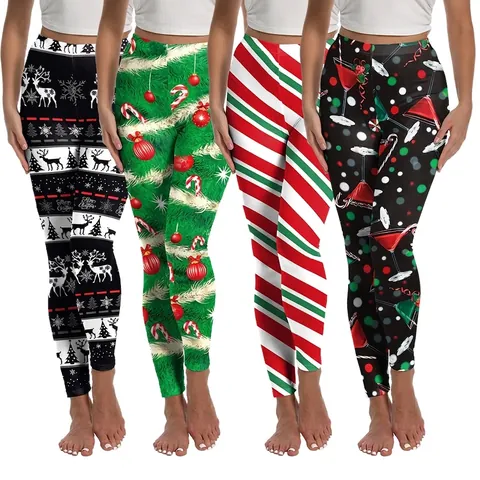 Women Christmas Printed High Waist Leggings Polyester Spandex Elastic Yoga Pants Festive Running Tights Slimming Bottoms