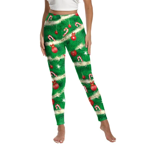 Women Christmas Printed High Waist Leggings Polyester Spandex Elastic Yoga Pants Festive Running Tights Slimming Bottoms