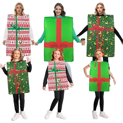 Lustiges Weihnachtsgeschenkbox Kostüm Für Erwachsene Kinder 3D Schwamm Outfit Für Party Aufführung Cosplay Grün Rot Rentier Schneeflocke Kleidung