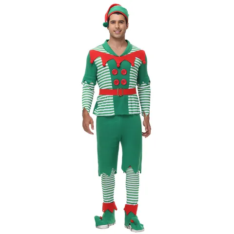 Men Christmas Elf Costume Polyester Festive Role Play Outfit Including Hat Top Pants Belt Socks Shoe Covers For Holiday Party