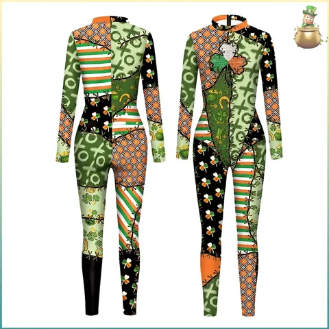 Dames Sint-Patricksdag Bodysuit Klavertje Patchwork Print Slim Fit Lange Mouw Unitard Polyester Elastaan Performance Jumpsuit