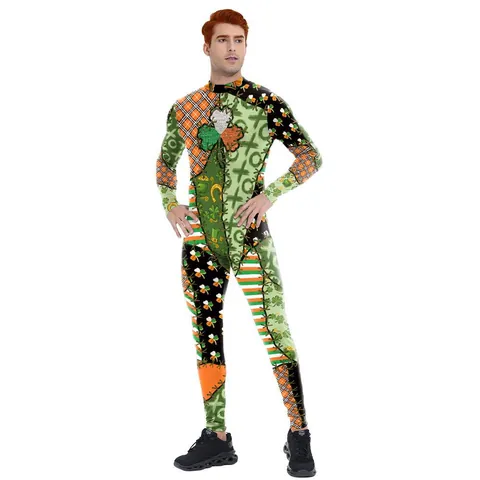 Dames Sint-Patricksdag Bodysuit Klavertje Patchwork Print Slim Fit Lange Mouw Unitard Polyester Elastaan Performance Jumpsuit