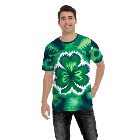 Herren St. Patrick's Day T-Shirt Mit Kleeblatt-Druck Grün Batik Lässig Kurzarm Rundhals Feiertag Party Top