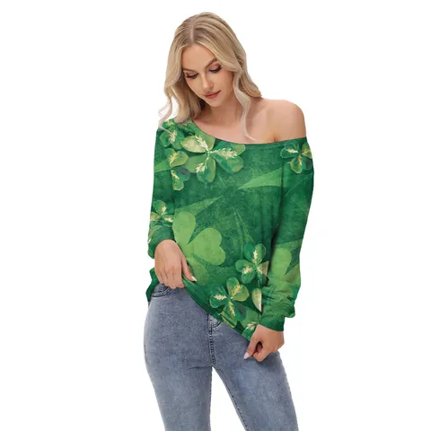 Women St Patrick's Day Shirt Long Sleeve Off Shoulder Slash Neck Shamrock Clover Print Casual Irish Festival Green Top
