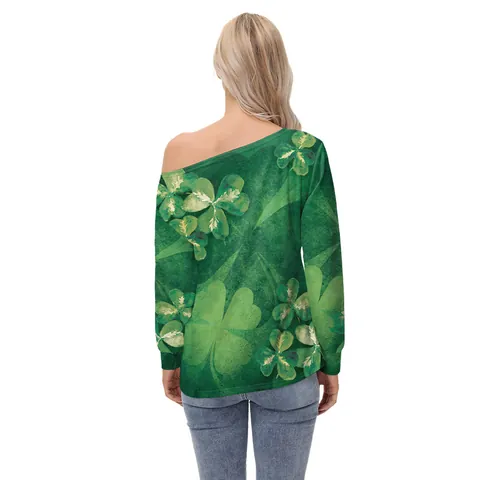 Women St Patrick's Day Shirt Long Sleeve Off Shoulder Slash Neck Shamrock Clover Print Casual Irish Festival Green Top