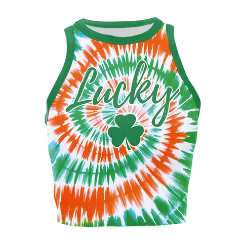 Women St Patrick's Day Crop Top Sexy Tie Dye Shamrock Print Tank Top Sleeveless Round Neck Slim Fit Festive Party Vest