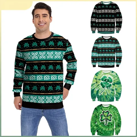 St. Patrick's Day Sweatshirt Voor Dames Losse Ronde Hals Lange Mouw Pullover Klaver Tie-Dye Digitale Print Casual Top