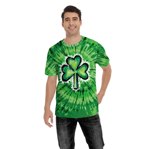 Herren St. Patrick's Day T-Shirt Mit Kleeblatt-Druck Grün Batik Lässig Kurzarm Rundhals Feiertag Party Top