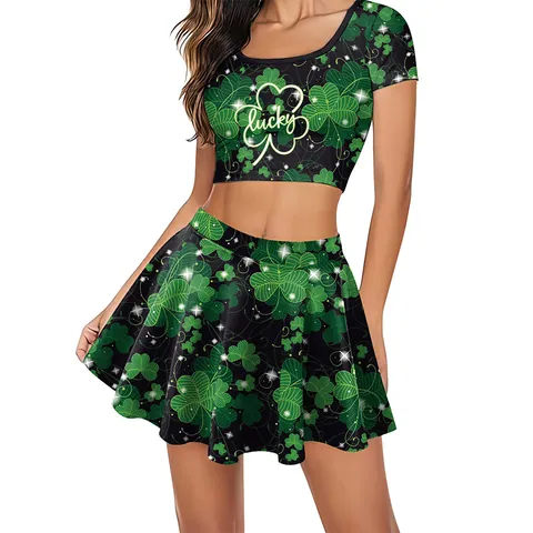Ropa de Mujer para San Patricio Top Y Minifalda Plisada Verde Trébol Cuadros Estampado Lucky Atuendo de Fiesta Festiva