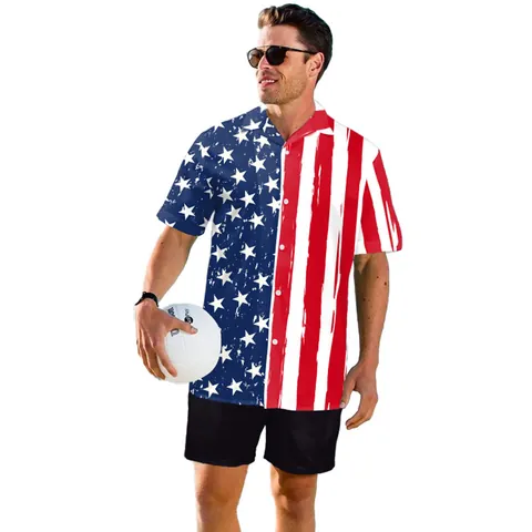 Men's Independence Day Shirt 100% Polyester Short Sleeve Casual Shirt With American Flag Stars Stripes Print Top For Men