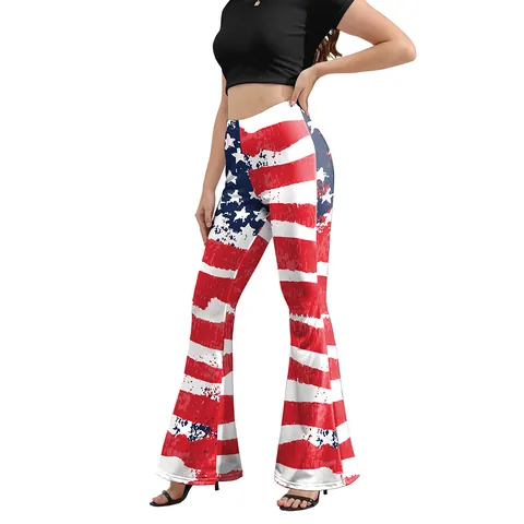 Women Independence Day Flare Pants High Waist Star Stripes Printed Bell Bottom Casual Leggings Polyester Spandex Slim Fit Trousers