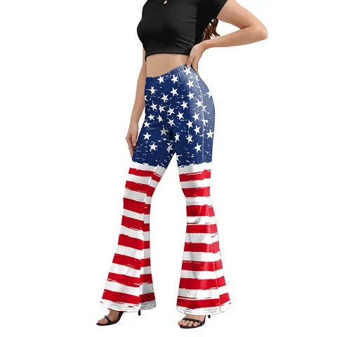Women Independence Day Flare Pants High Waist Star Stripes Printed Bell Bottom Casual Leggings Polyester Spandex Slim Fit Trousers
