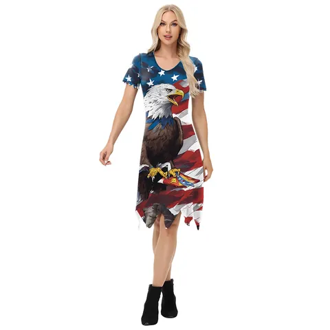 Women Independence Day Dress American Flag Bald Eagle Short Sleeve V-Neck Irregular Sharkbite Hem 3D Digital Print Patriotic Midi Dress